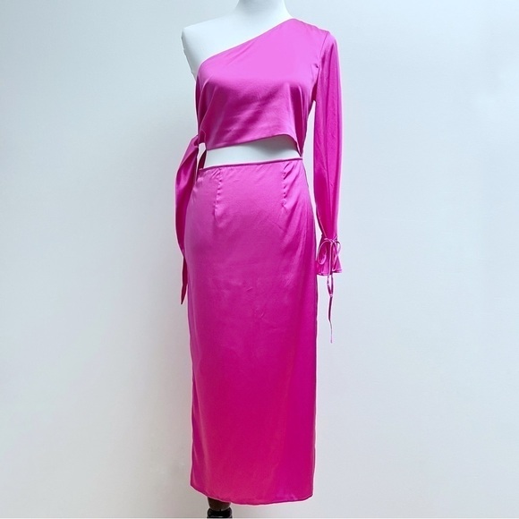 Silk Maison Hot Pink Silk Cut out Asymmetrical One Shoulder Midi Slip Dress NWT - Picture 4 of 16